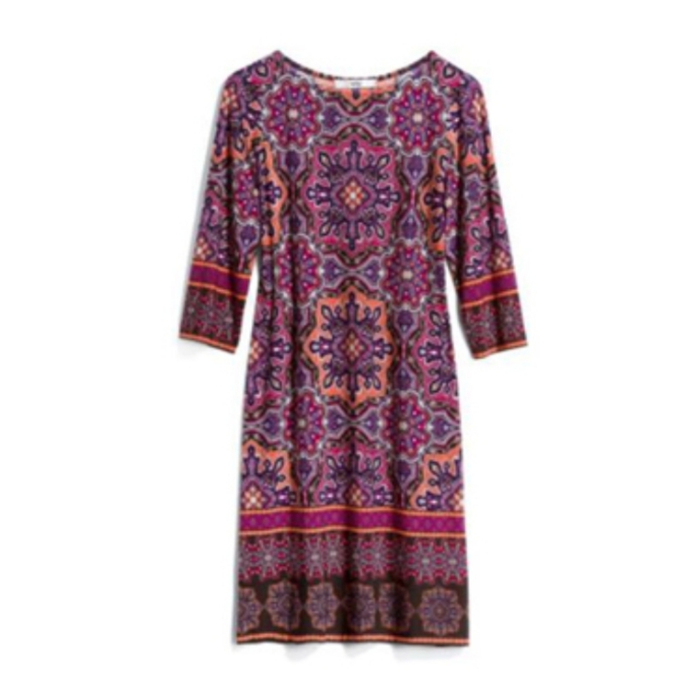 Vibrant Purple Patterned 3/4 Sleeve Dress